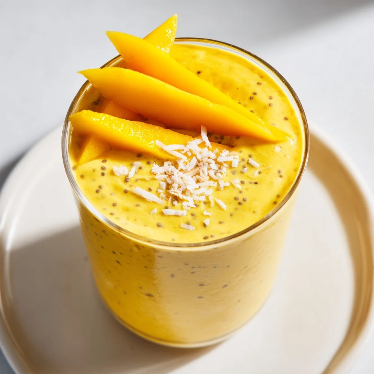 Vibrant Mango Turmeric Smoothie, blended smooth, ready to drink with a garnish of mango slices.