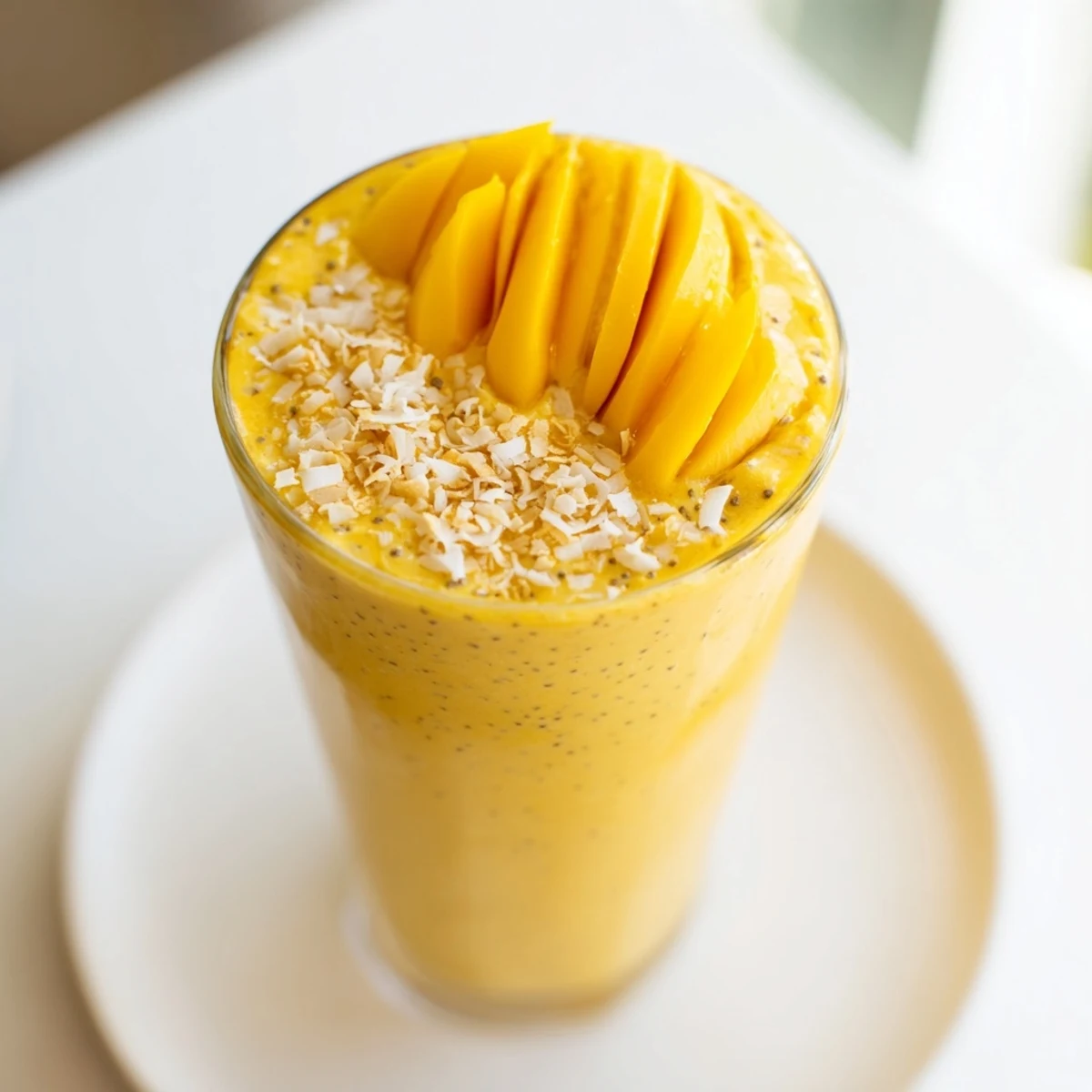 Enjoy a refreshing glass of Mango Turmeric Smoothie, rich with healthy ingredients and flavor.