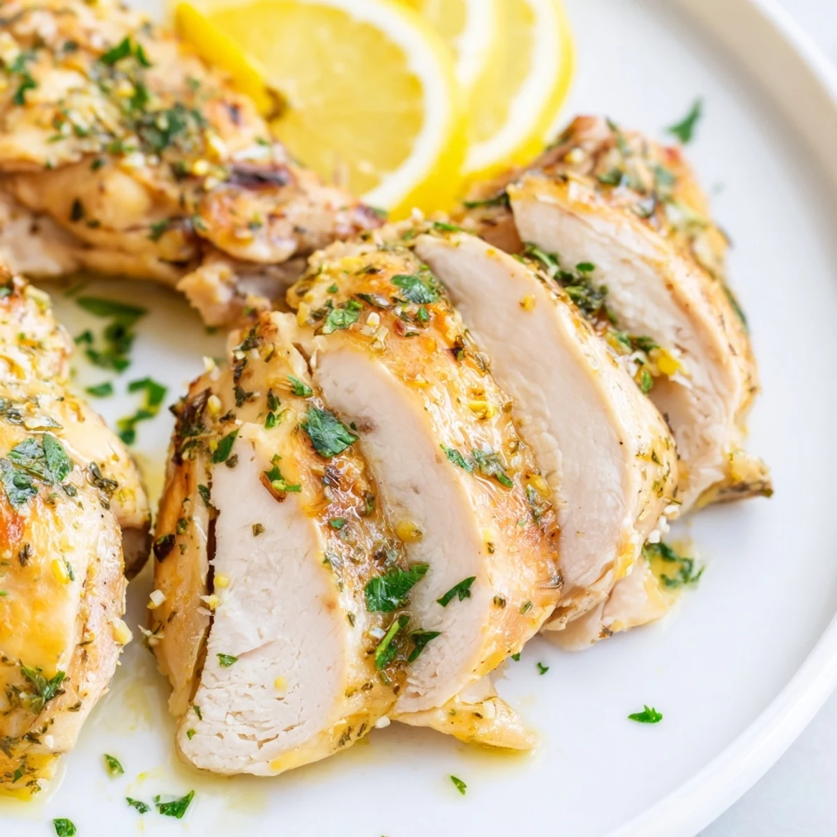Tender Greek Lemon Herb Chicken breasts, perfectly cooked and served with fresh lemon wedges.