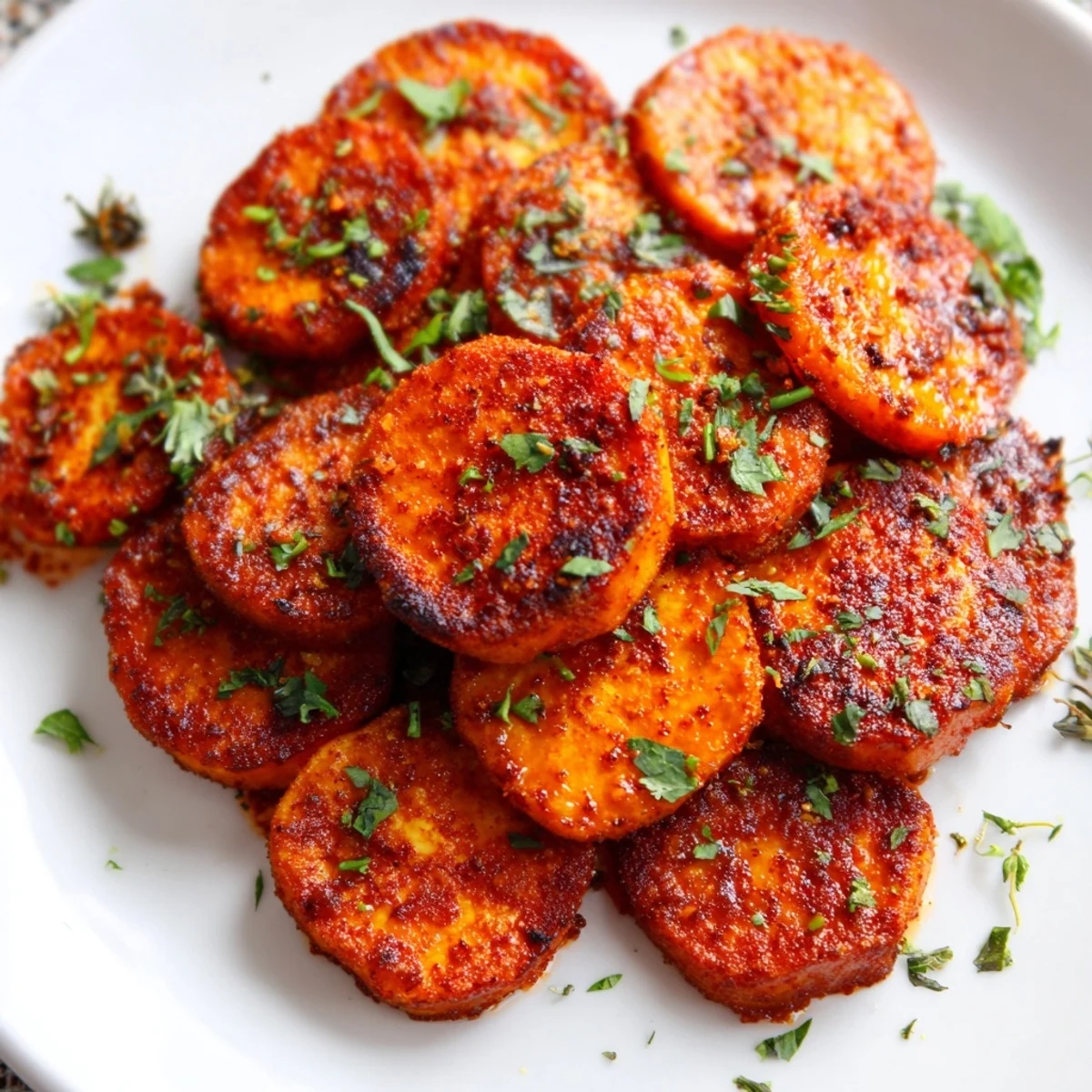 Golden-brown Cajun roasted sweet potatoes, a flavorful side dish, ready to serve with parsley and lemon.