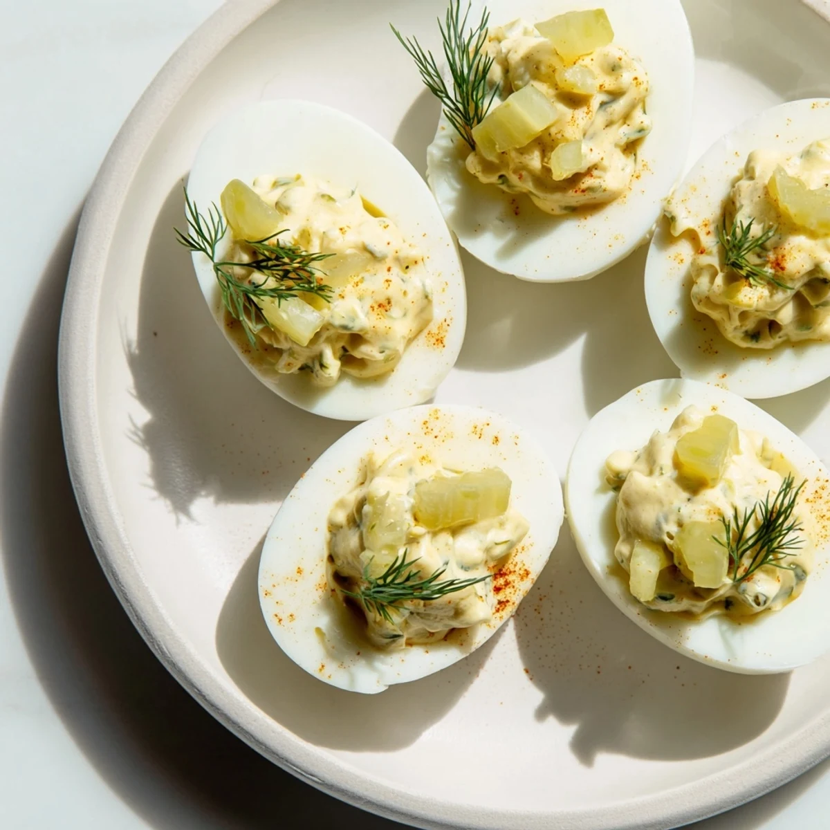 Bright yellow Dill Pickle Deviled Eggs, garnished with fresh dill and diced pickles, ready to serve.