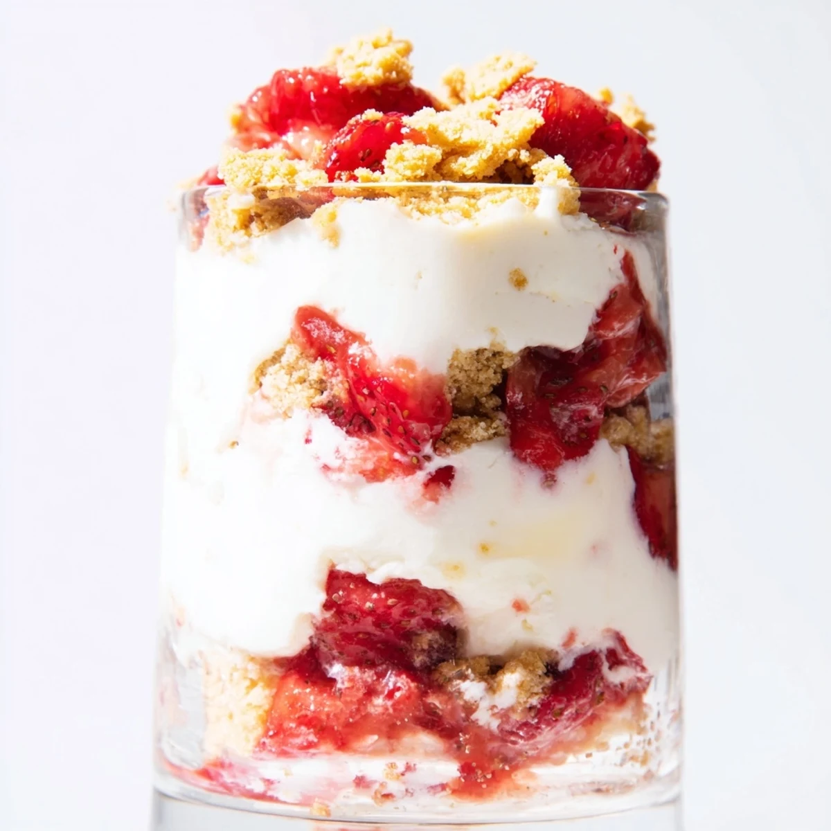Strawberry cheesecake parfait layered in dessert cups, showcasing creamy textures and vibrant red strawberries.