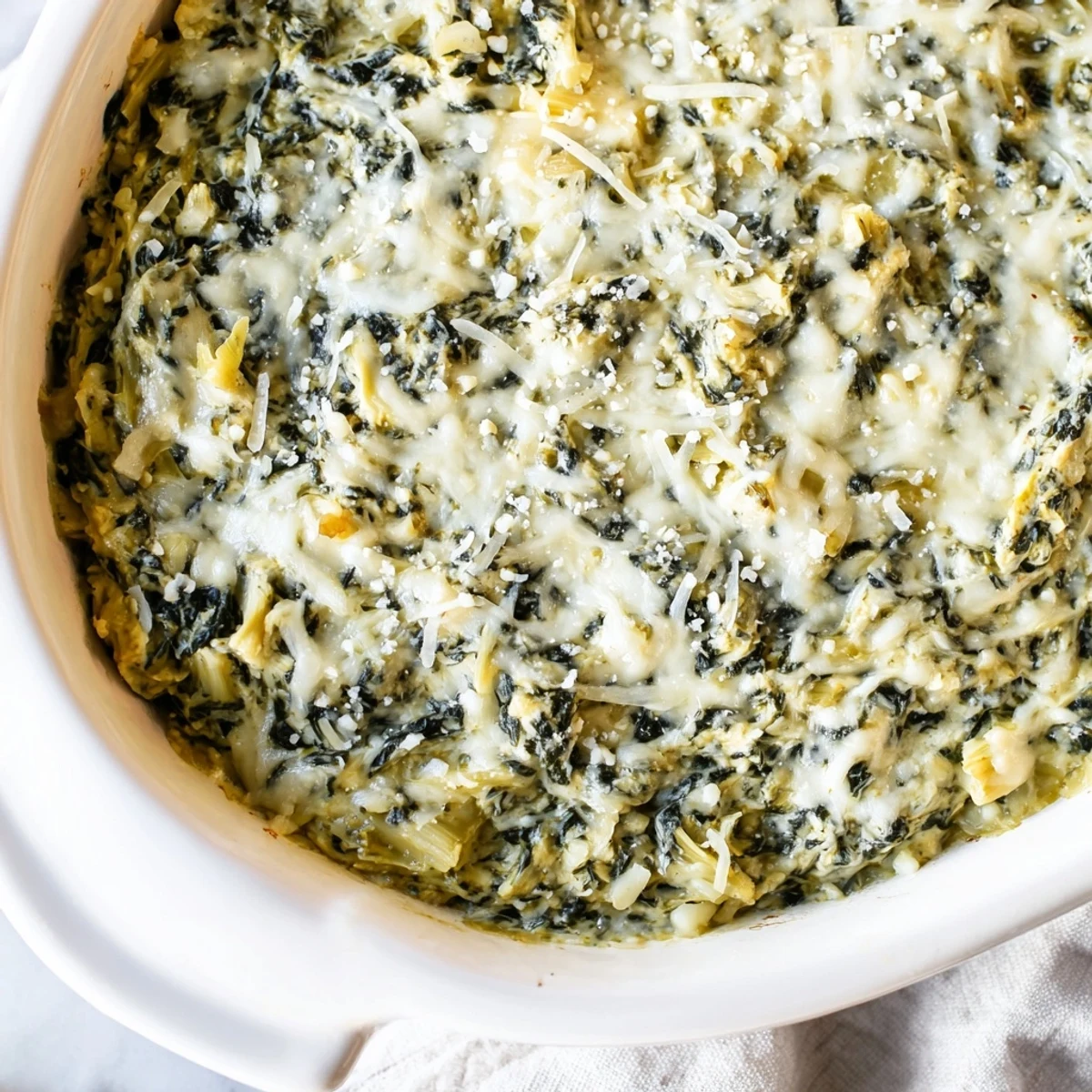 Warm, bubbly Cheesy Spinach Artichoke Dip, with golden crust and served alongside crispy chips.
