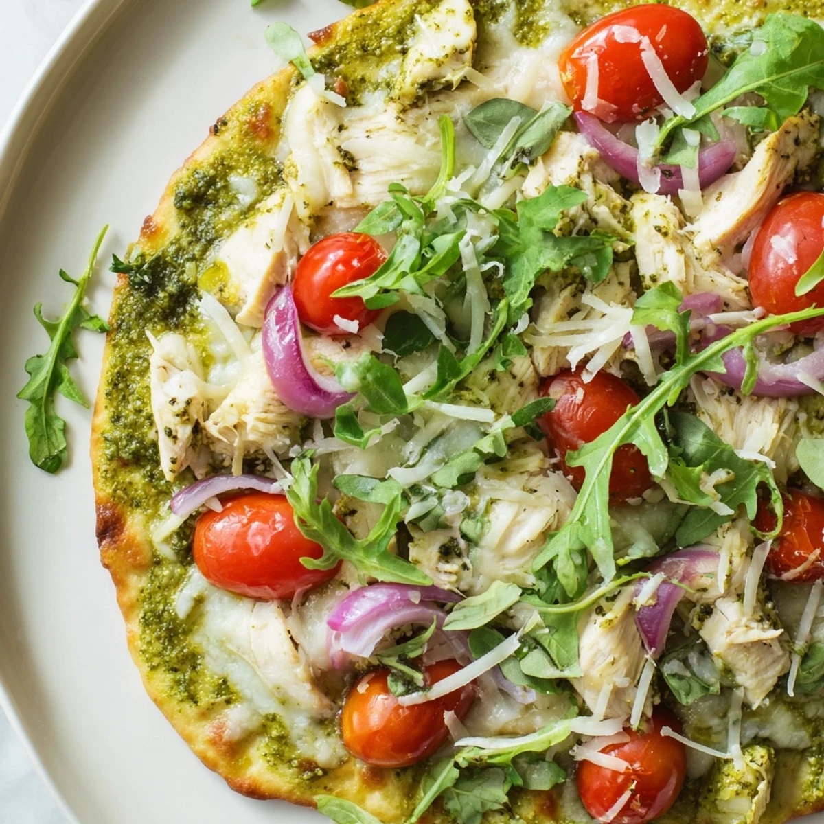 A close-up of a delicious Pesto Chicken Flatbread with bubbly cheese and savory toppings.