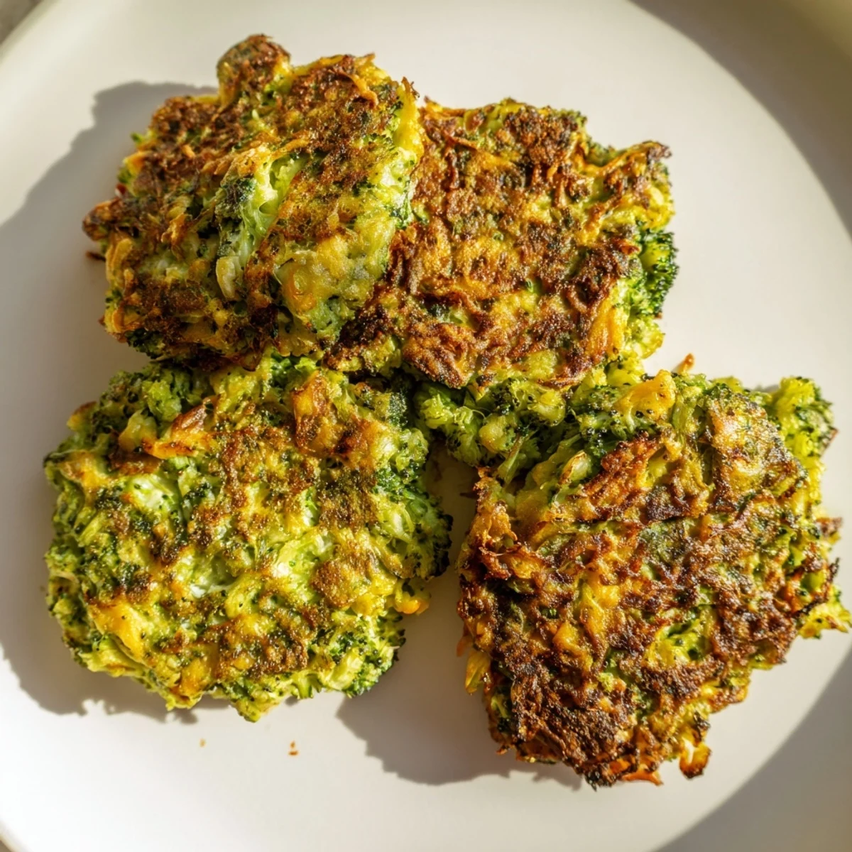 Close-up of golden brown Cheesy Broccoli Patties, showing the tender broccoli and bubbly cheese.