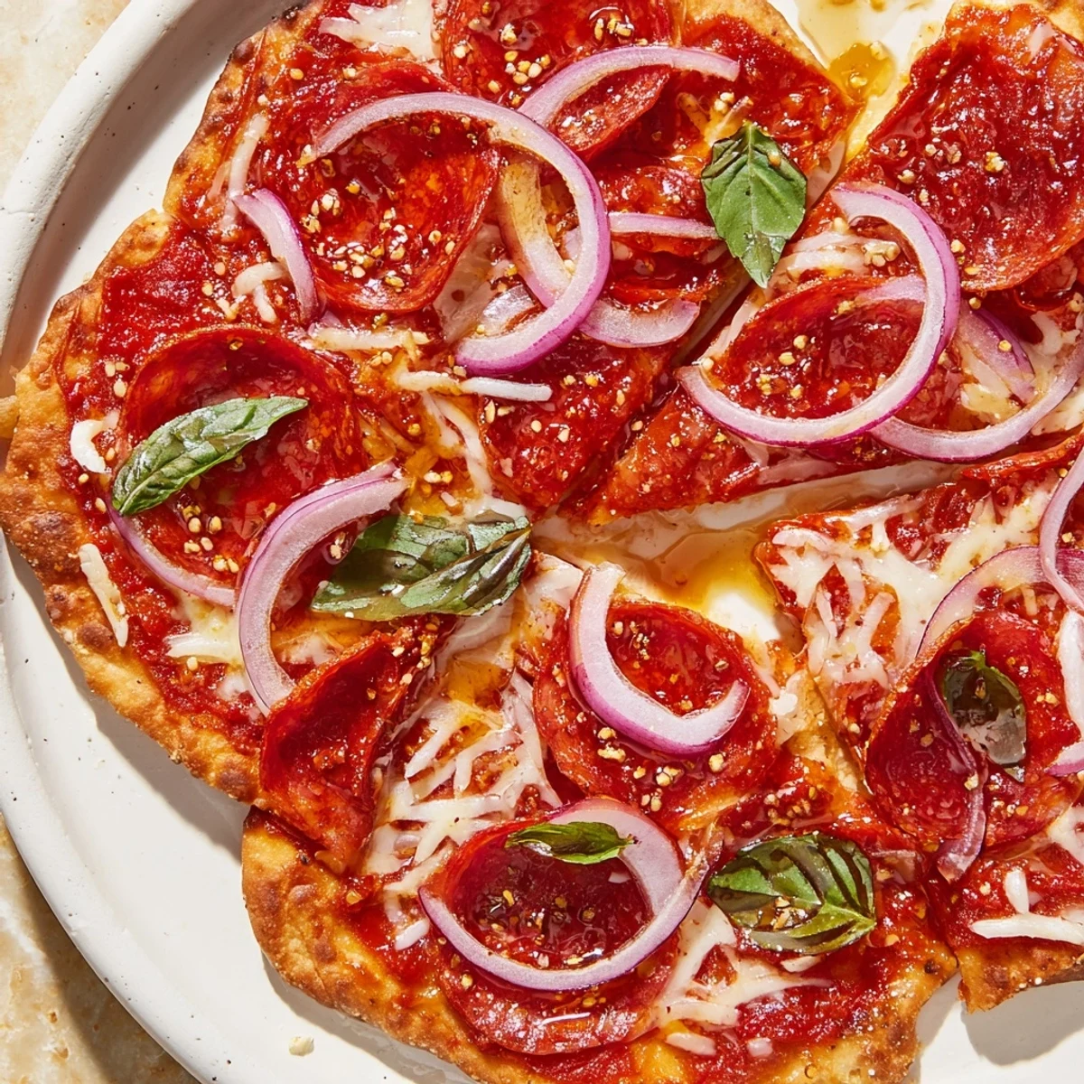Sizzling Hot Honey Pepperoni Flatbread, crisp crust laden with cheese and spicy pepperoni slices.