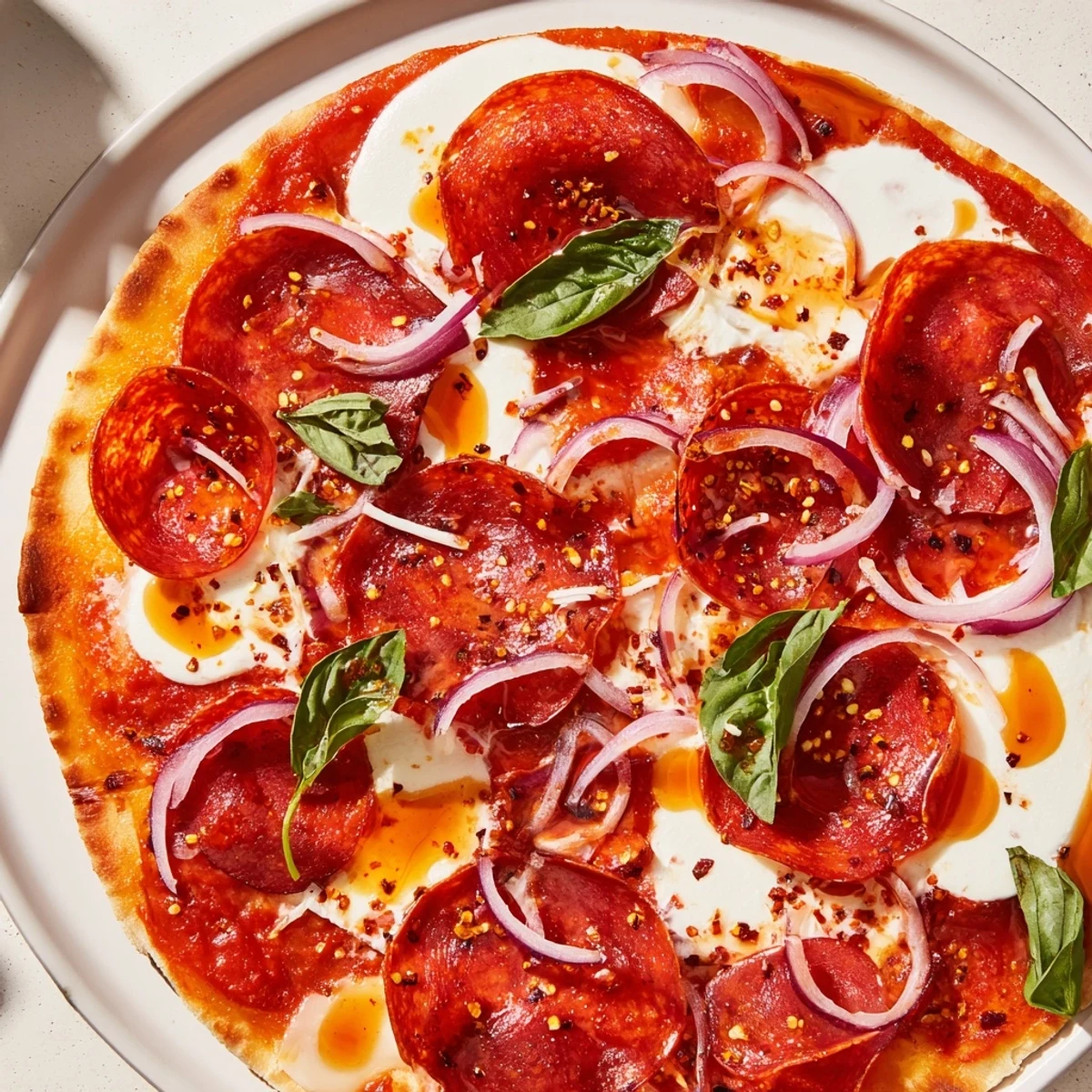 Gooey mozzarella melts over this delicious Hot Honey Pepperoni Flatbread, ready for a sweet and spicy bite.