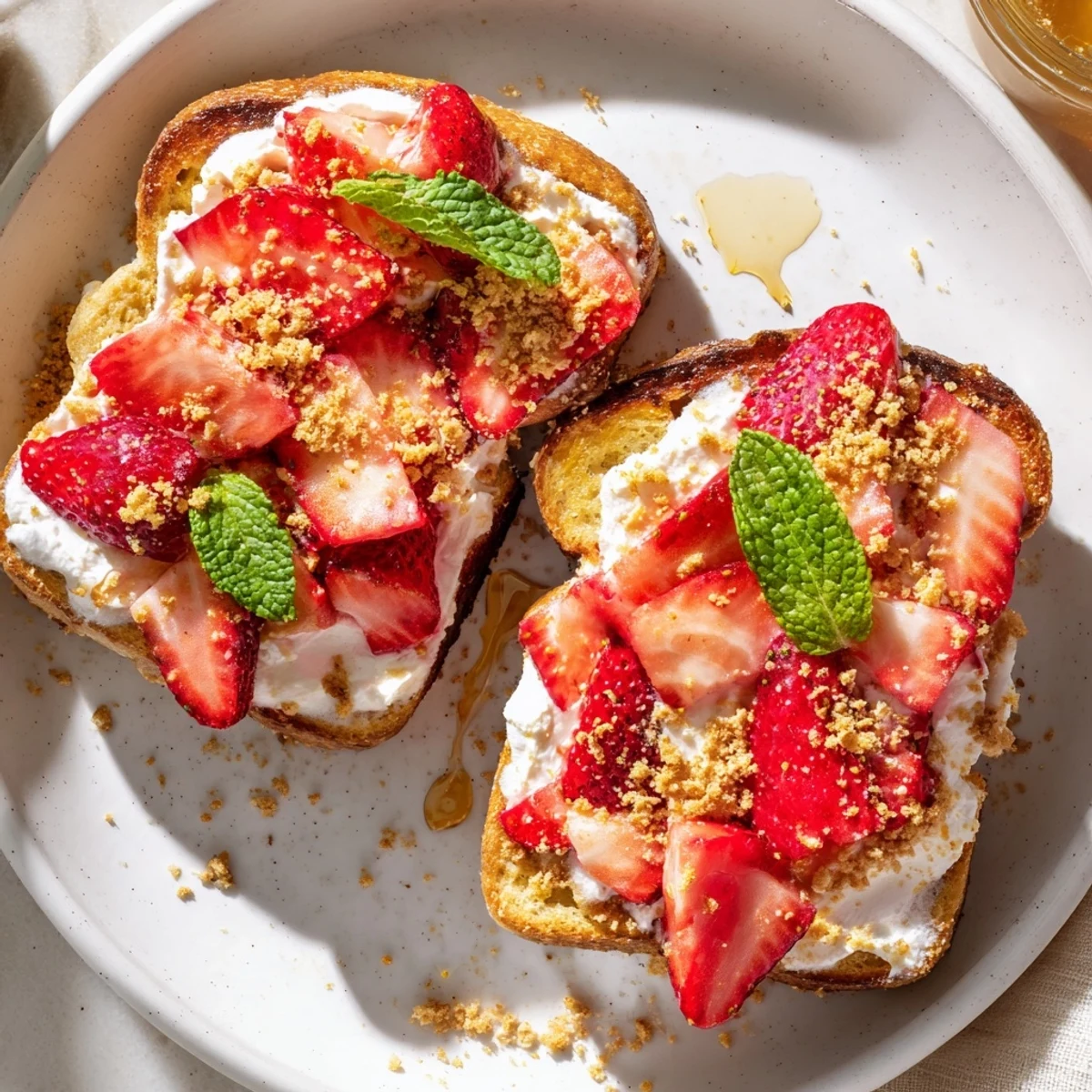 Strawberry Cheesecake Toast: golden toasted bread topped with creamy cheesecake and juicy, glistening strawberries.