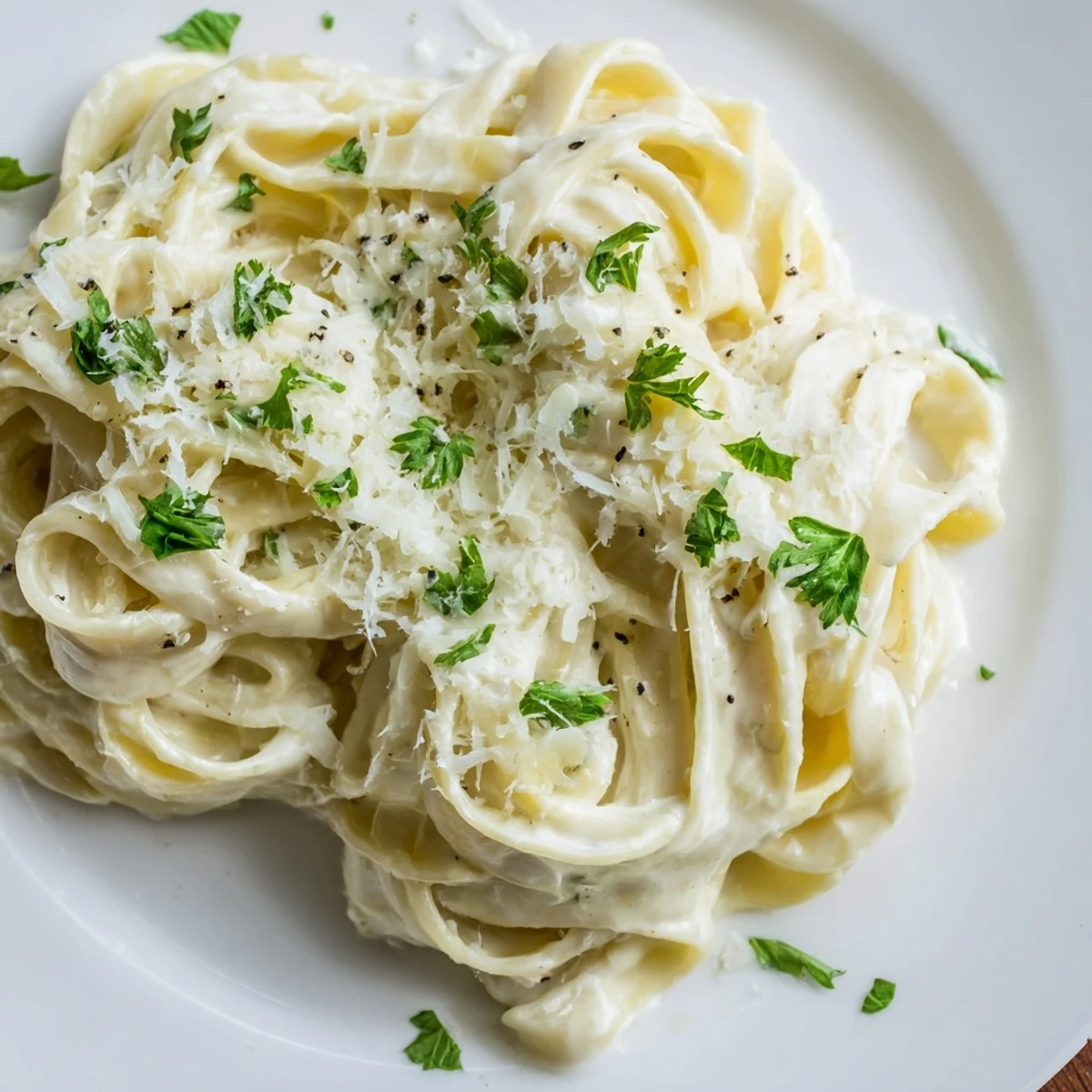 Creamy Cottage Hack Pasta Alfredo, garnished with parsley, ready for a delicious dinner.