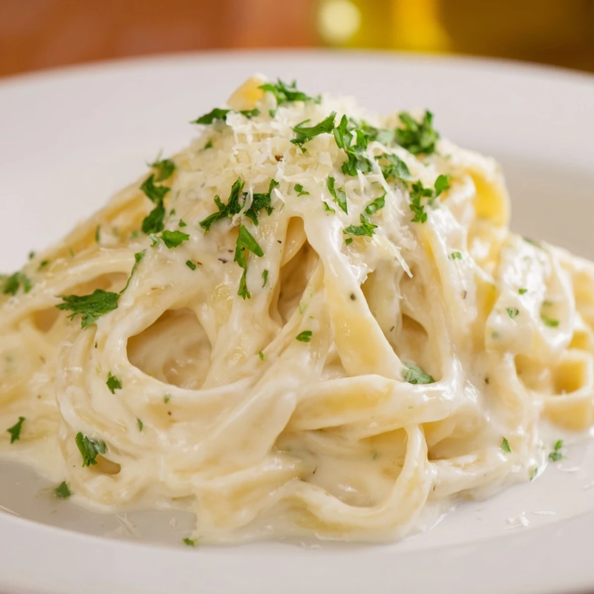 Silky smooth Cottage Hack Pasta Alfredo, a vegetarian delight, served hot with extra Parmesan cheese.