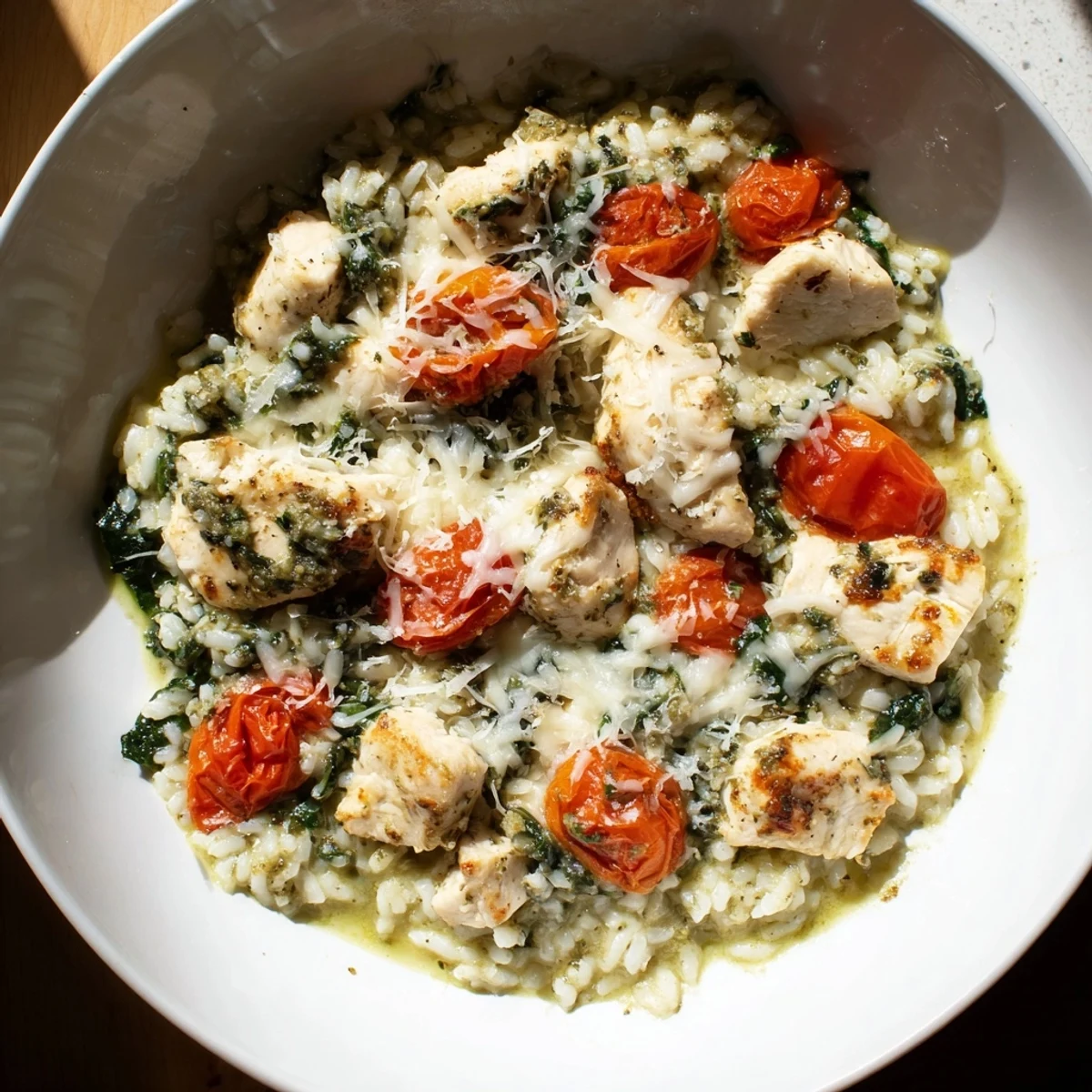 Golden bubbly Chicken Pesto Rice Bake, ready to serve, promises a delicious weeknight dinner.