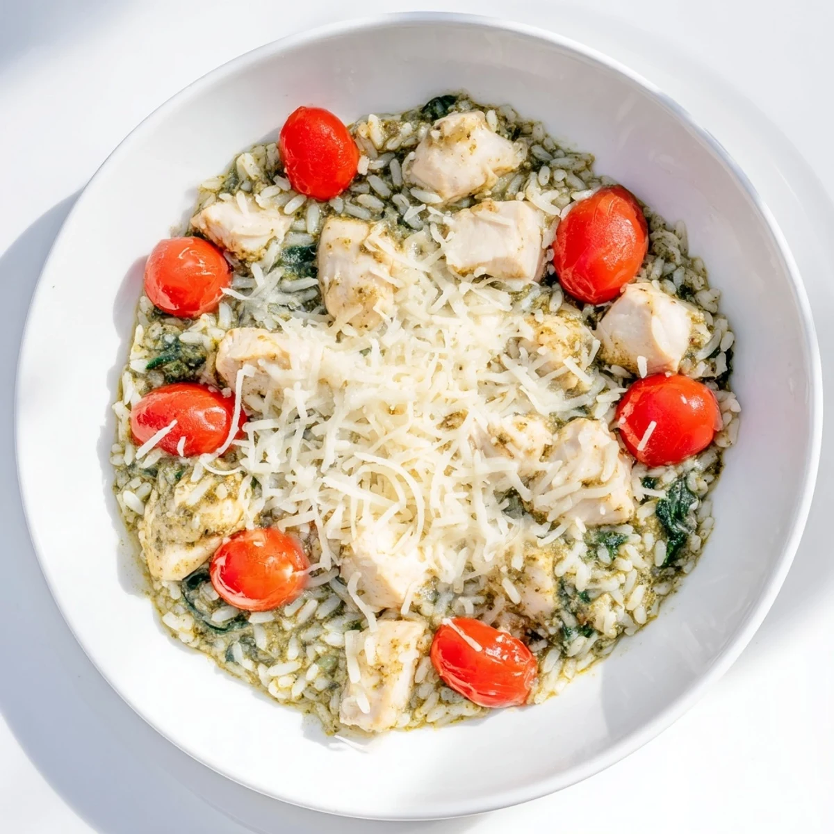A comforting close-up: flavorful Chicken Pesto Rice Bake with melted cheese and vibrant green pesto.