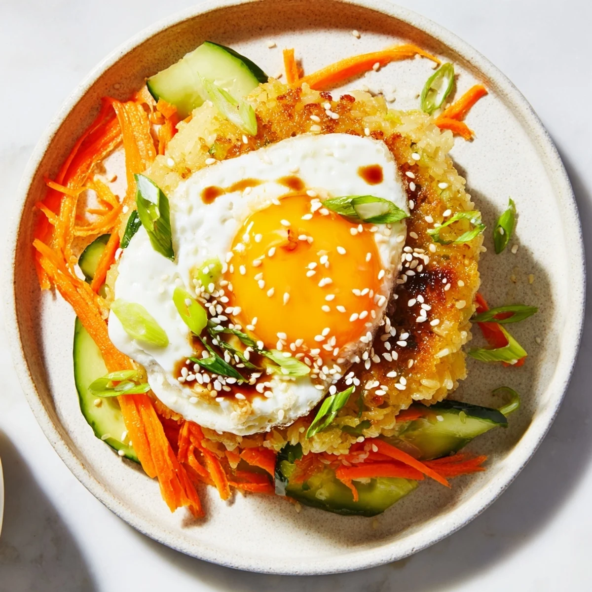 Golden, crispy egg rice bowl with a perfectly fried egg, vegetables, and a savory soy sauce drizzle.
