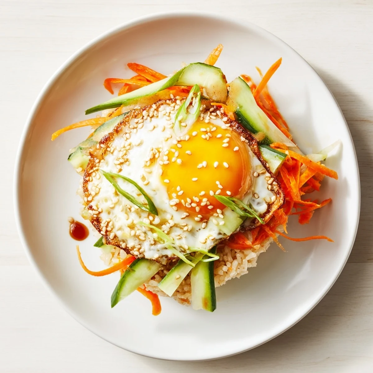 Enjoy a close-up of this delicious crispy egg rice bowl ready to eat with vibrant toppings.