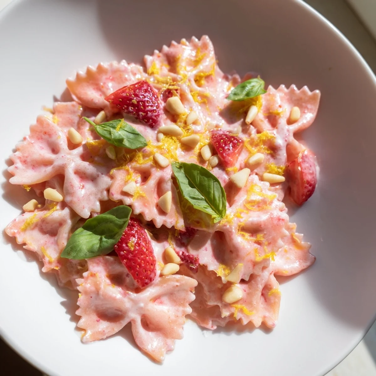 Creamy Strawberry Sour Cream Pasta, perfect for summer: pasta coated in a sweet and tangy pink sauce.