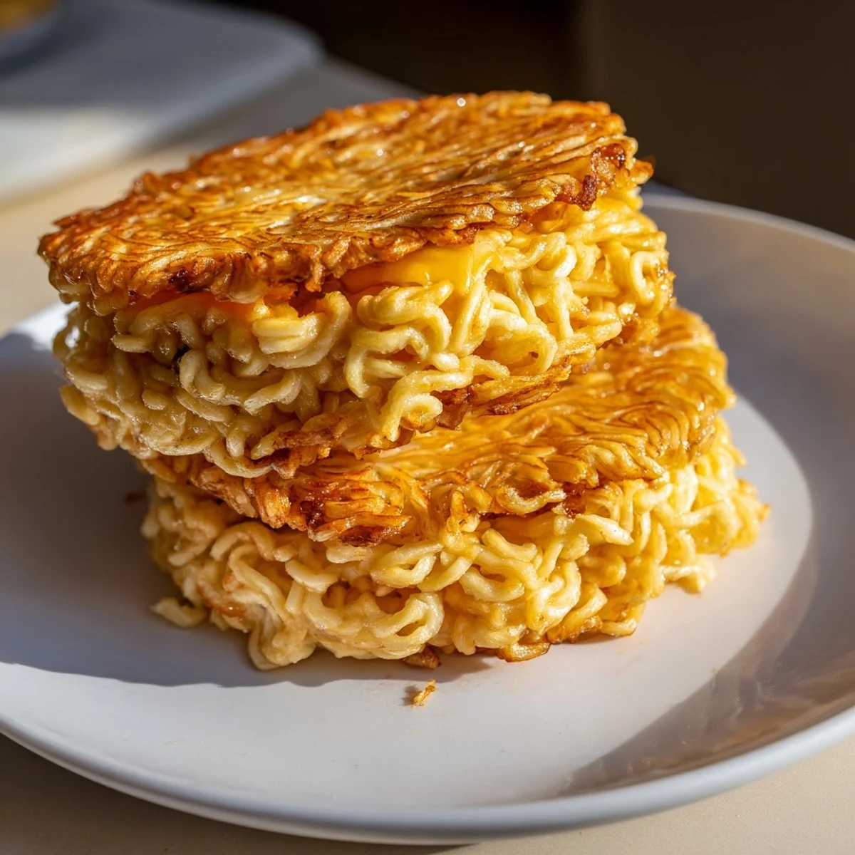 Golden-brown ramen noodle buns hug melted cheese in this gooey Ramen Grilled Cheese.