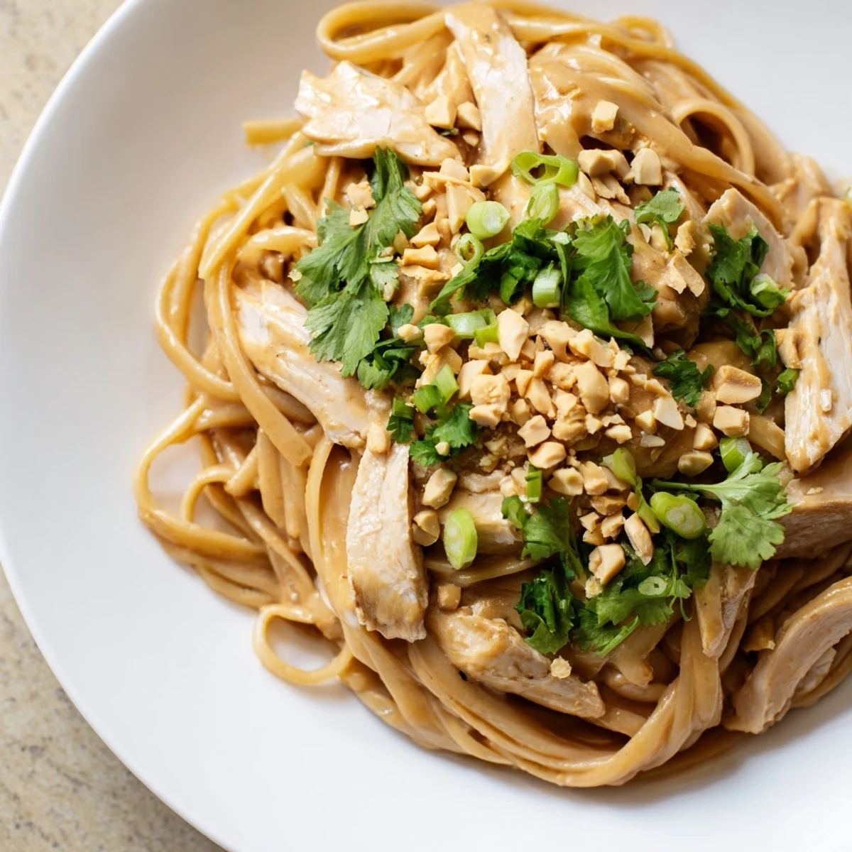 Steaming Thai Peanut Chicken Pasta, generously sauced, ready to serve with fresh cilantro garnish and peanuts.
