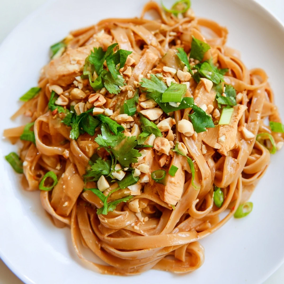 Creamy, flavorful Thai Peanut Chicken Pasta, showcasing tender chicken and a rich, peanut-infused sauce.