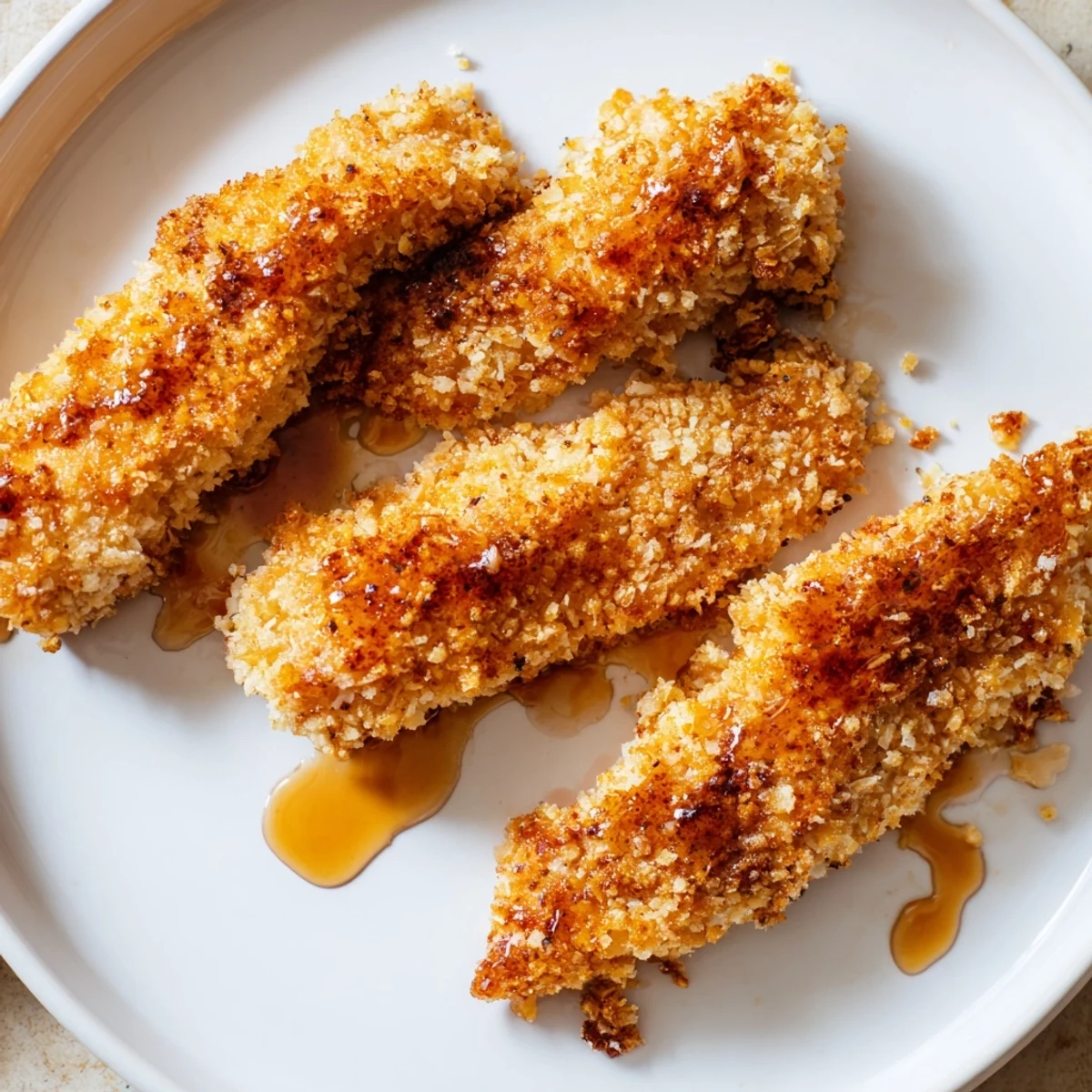 Golden-brown Crispy Panko Chicken Tenders, air-fried and drizzled with glistening hot honey.