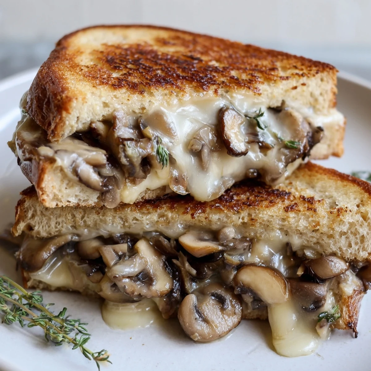 Golden, crispy Creamy Mushroom Grilled Cheese sandwich oozing with melted cheese and savory mushrooms.
