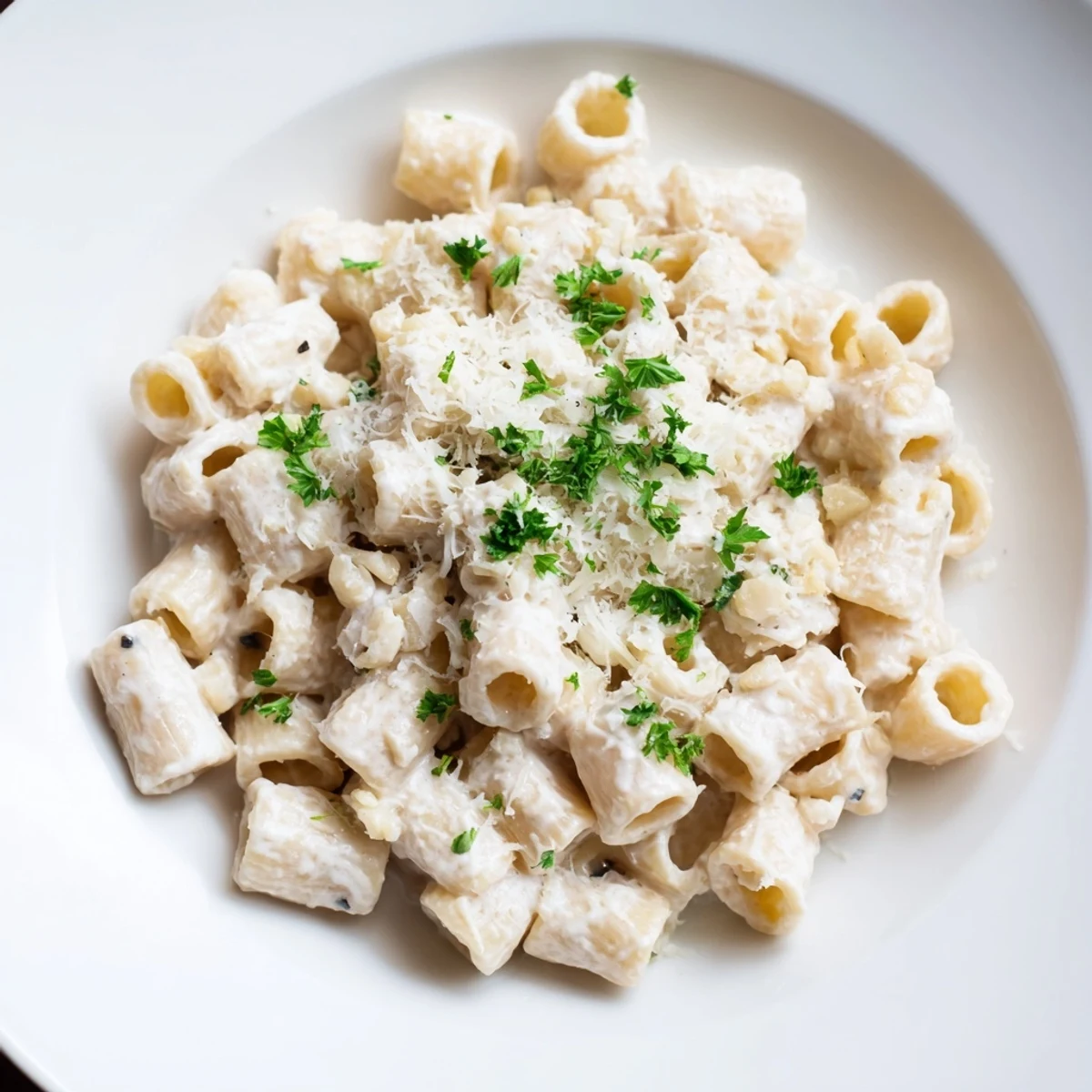 Steaming bowl of creamy garlic ditalini pasta, garnished with parsley, ready to eat.