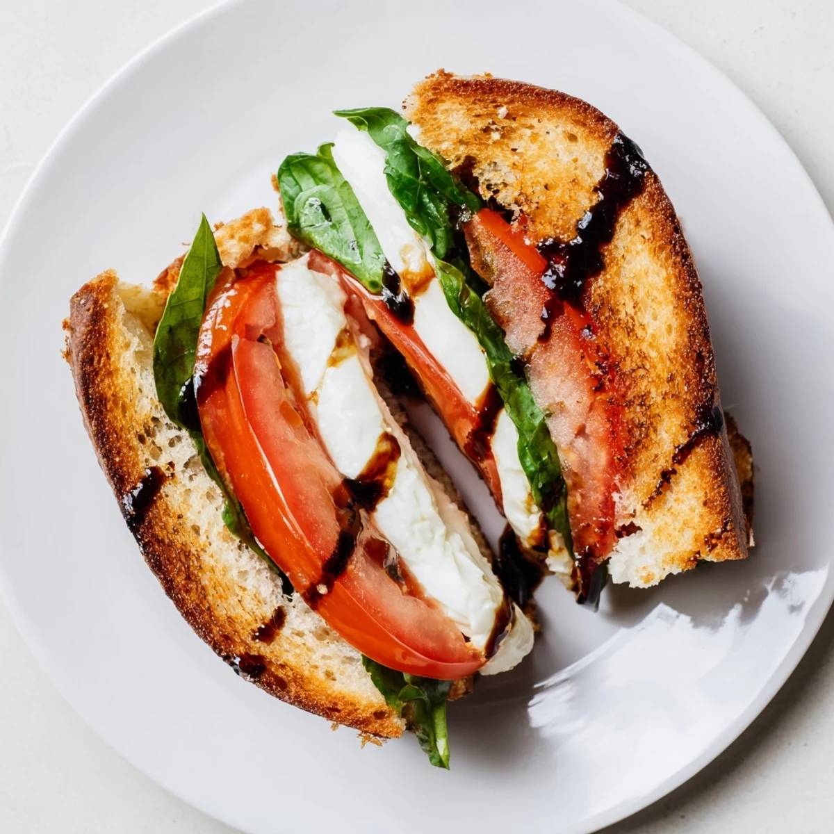 Golden-brown Caprese Salad Grilled Cheese with melted mozzarella and fresh tomato slices.
