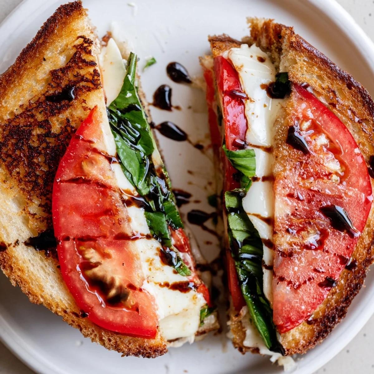 A close-up of a perfectly grilled Caprese Salad Grilled Cheese, oozing with flavorful ingredients.
