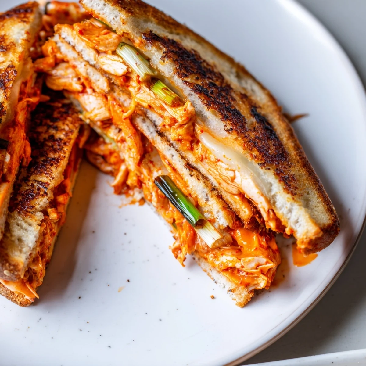 Goochujang mayo chicken sandwich grilled cheese: golden, crispy bread with a spicy, cheesy filling.