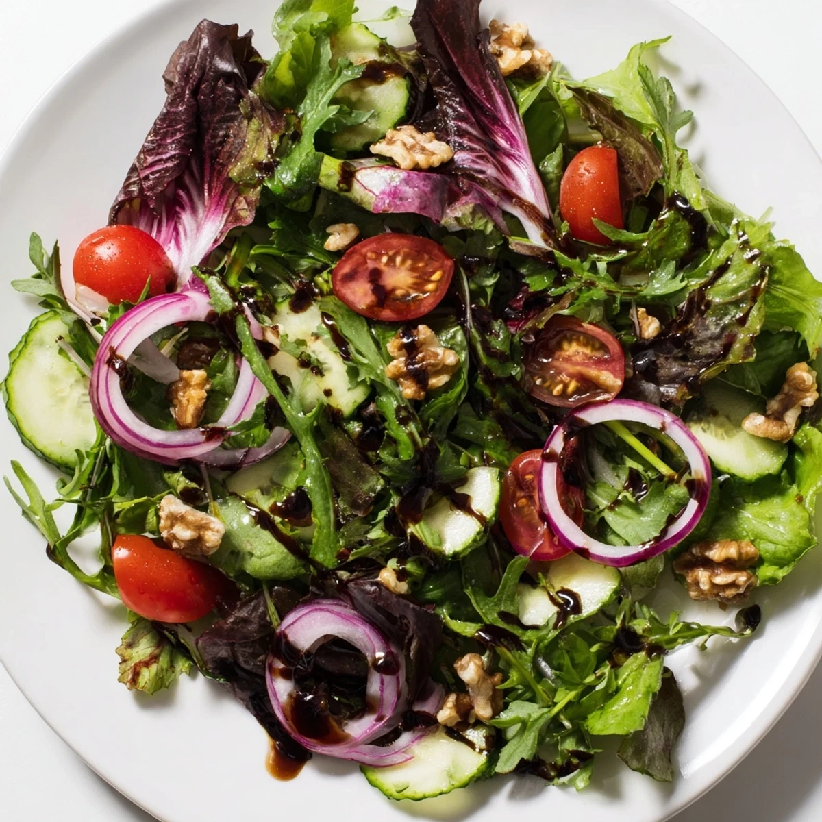 Crisp salad with vibrant Quick Balsamic Vinegar Salad; picture freshly tossed, ready to serve and enjoy.