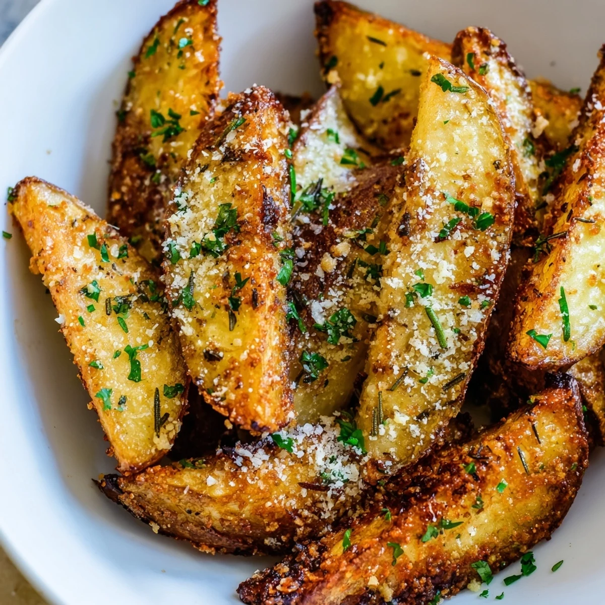 Fragrant rosemary Parmesan potato wedges, perfect alongside ketchup or aioli for the best flavors.