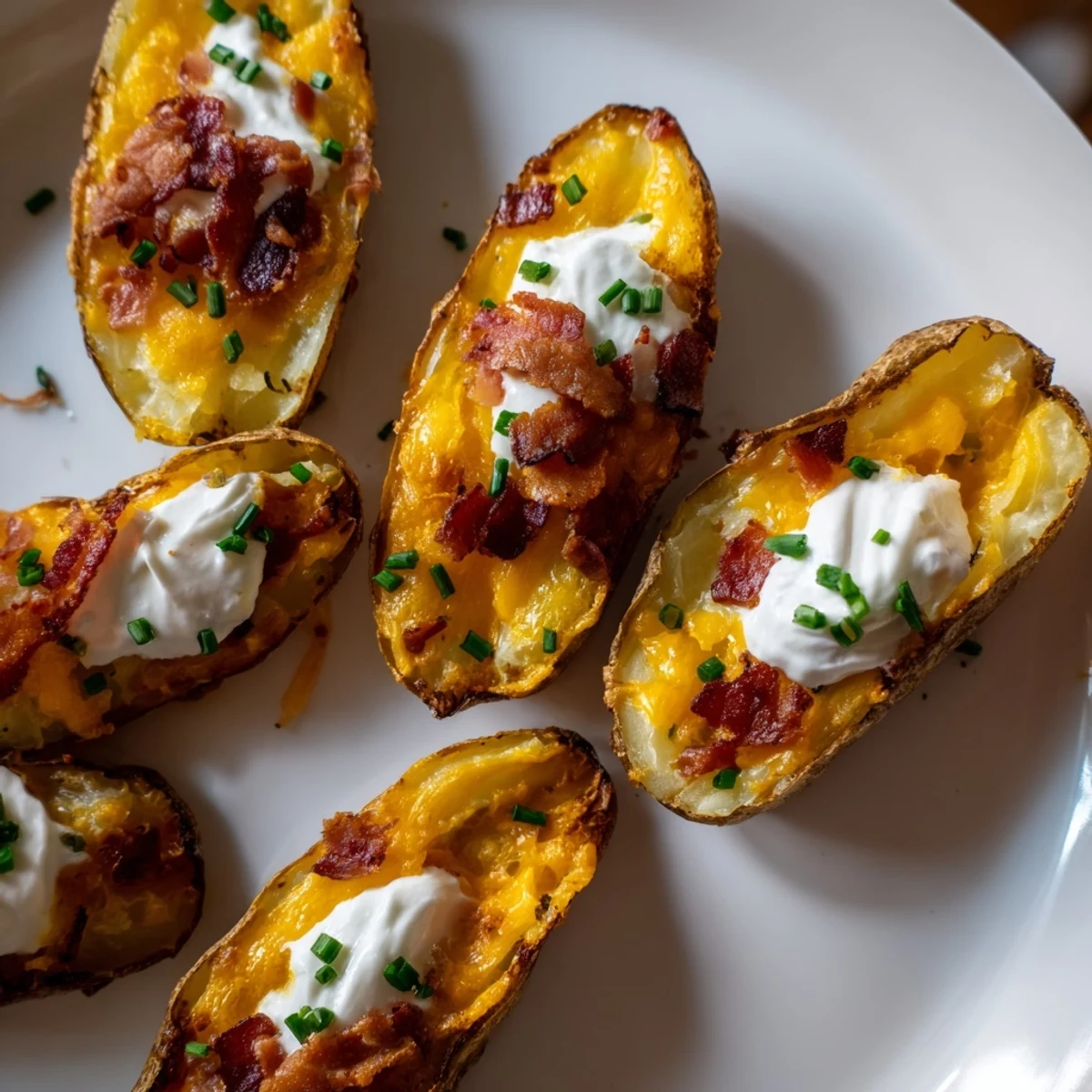 A close-up shot of delicious Loaded Baked Potato Skins, garnished with fresh, green chives and sour cream.