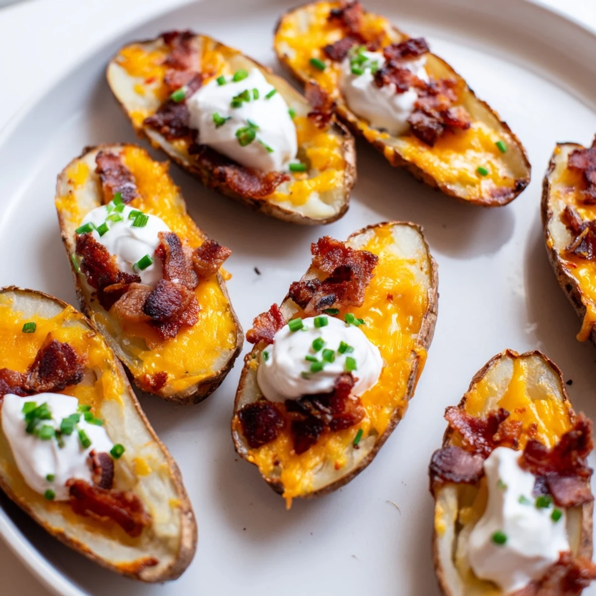 Golden, crispy Loaded Baked Potato Skins, piled high with melted cheese and crumbled bacon.