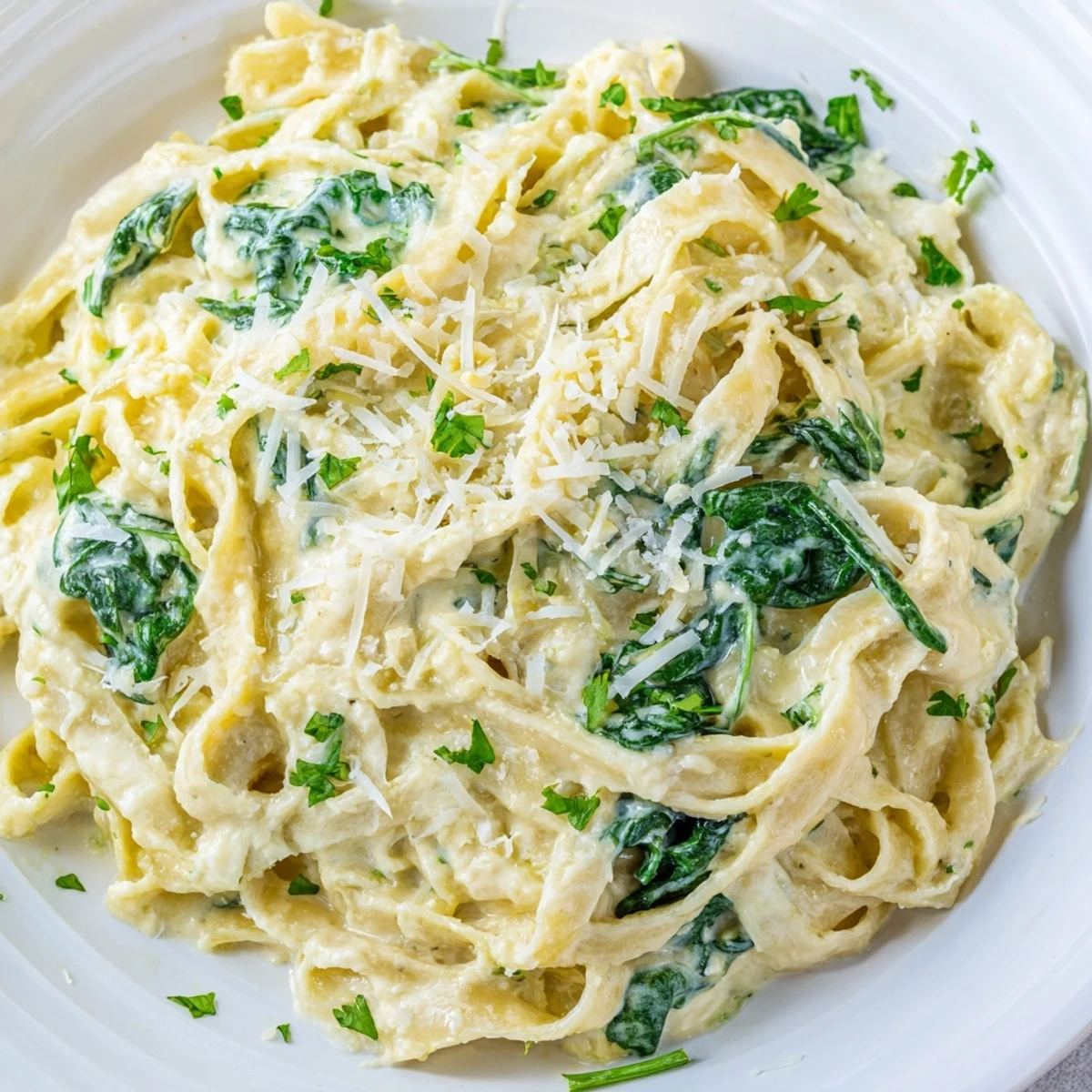 Tender fettuccine coated in creamy spinach Alfredo, topped with Parmesan; a delicious vegetarian meal.