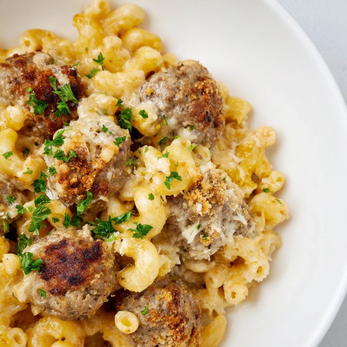 Golden-brown Mac & Cheese Meatball Bake, bubbling with melted cheese and delicious meatballs.