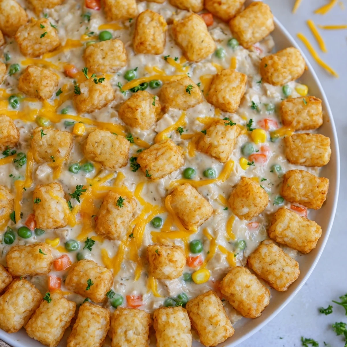 Golden, crispy tater tots crown a hearty Crispy Tater Tot Casserole, bubbling with cheese and flavorful chicken.
