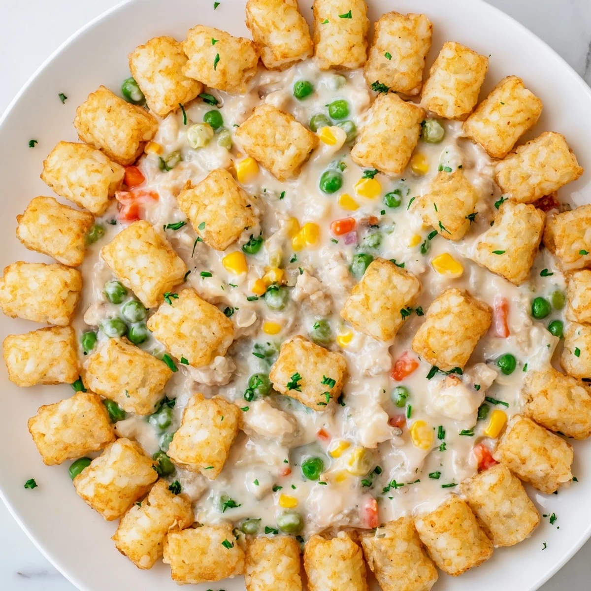 A comforting photo shows golden-brown Crispy Tater Tot Casserole, ready to serve with a creamy chicken filling.