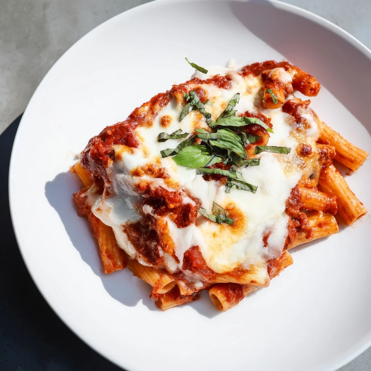 A bubbling pan of golden-brown Cheesy Baked Ziti, smelling wonderfully Italian and ready to serve.