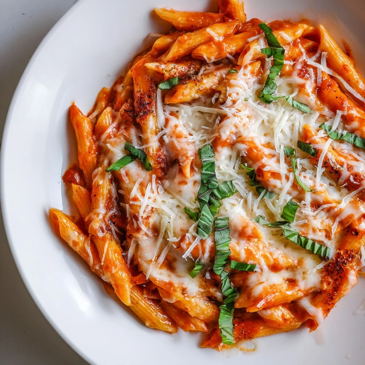 Golden, bubbly Baked Penne Arrabbiata, a comforting vegetarian pasta bake, rich with tomato sauce.