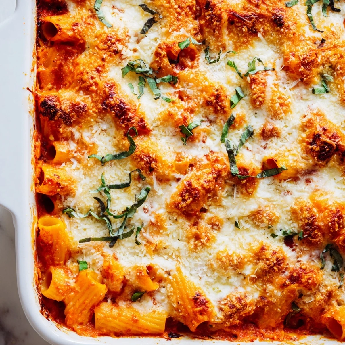 Golden-brown Four Cheese Baked Pasta bubbling, oozing cheese, perfect for a hearty, comforting dinner.