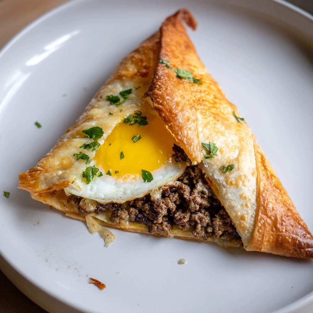 Golden Tunisian Brik pastry, fried until crispy with a runny egg center and savory meat filling.