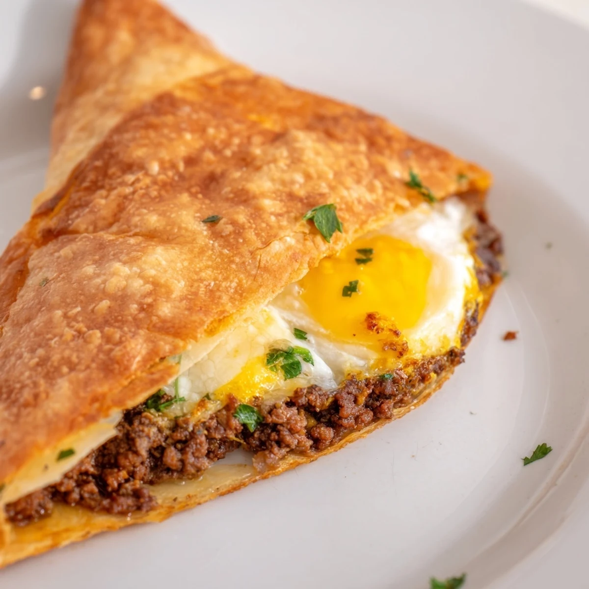 Crispy layers of phyllo create the perfect Tunisian Brik, stuffed with seasoned meat and a fried egg.