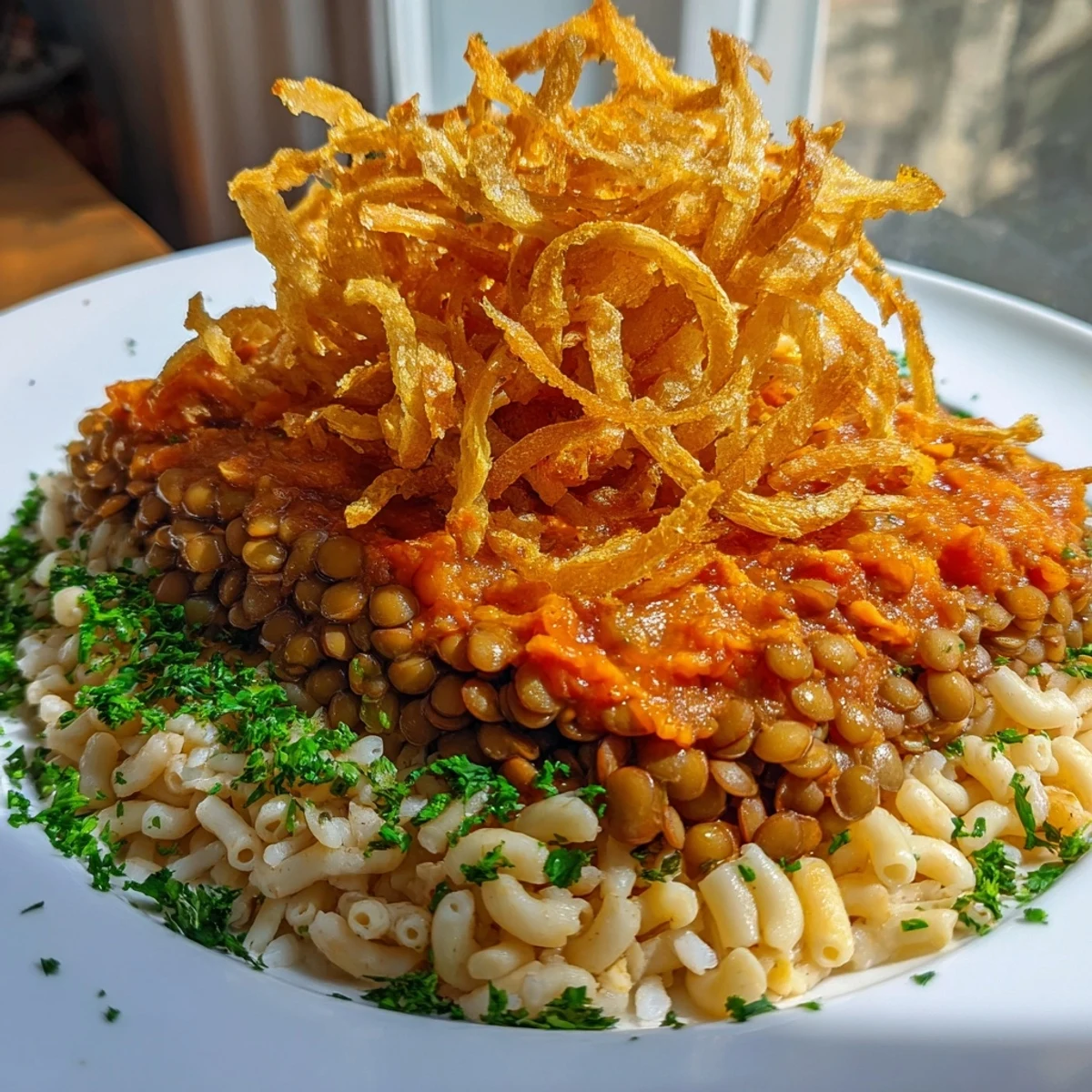 Golden-brown crispy onions crown a vibrant bowl of homemade Egyptian Koshari, savory and delicious.