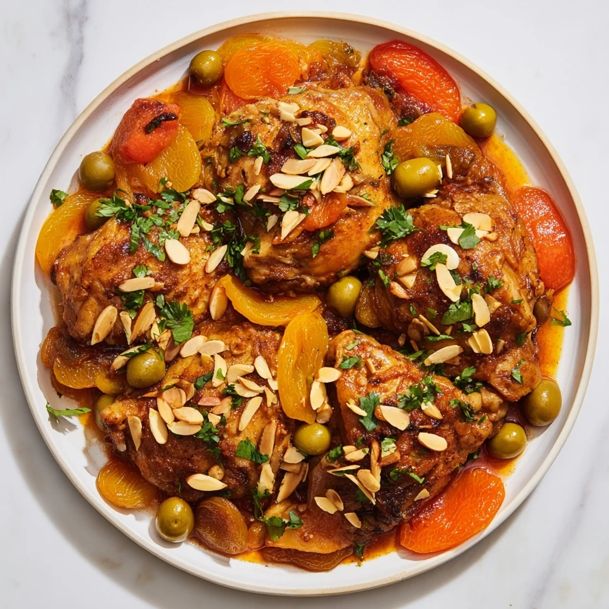 A steaming Moroccan Tagine Chicken with tender chicken, sweet apricots, and fragrant spices in a rich sauce.