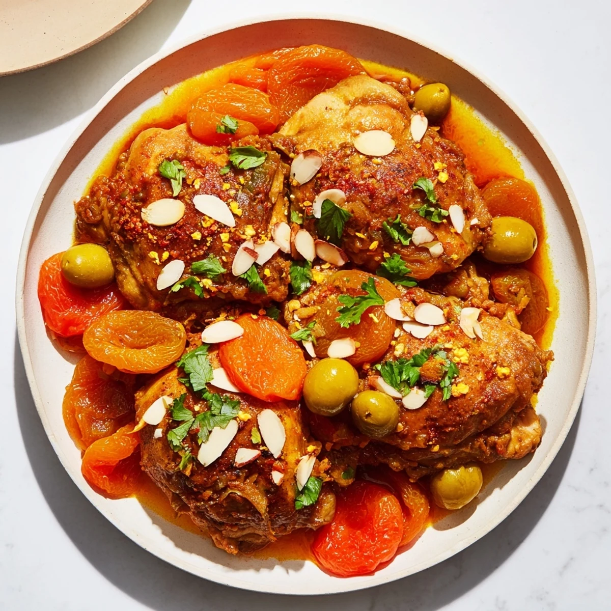 Imagine the savory aroma of a Moroccan Tagine Chicken with olives, almonds, and cilantro, served with couscous.