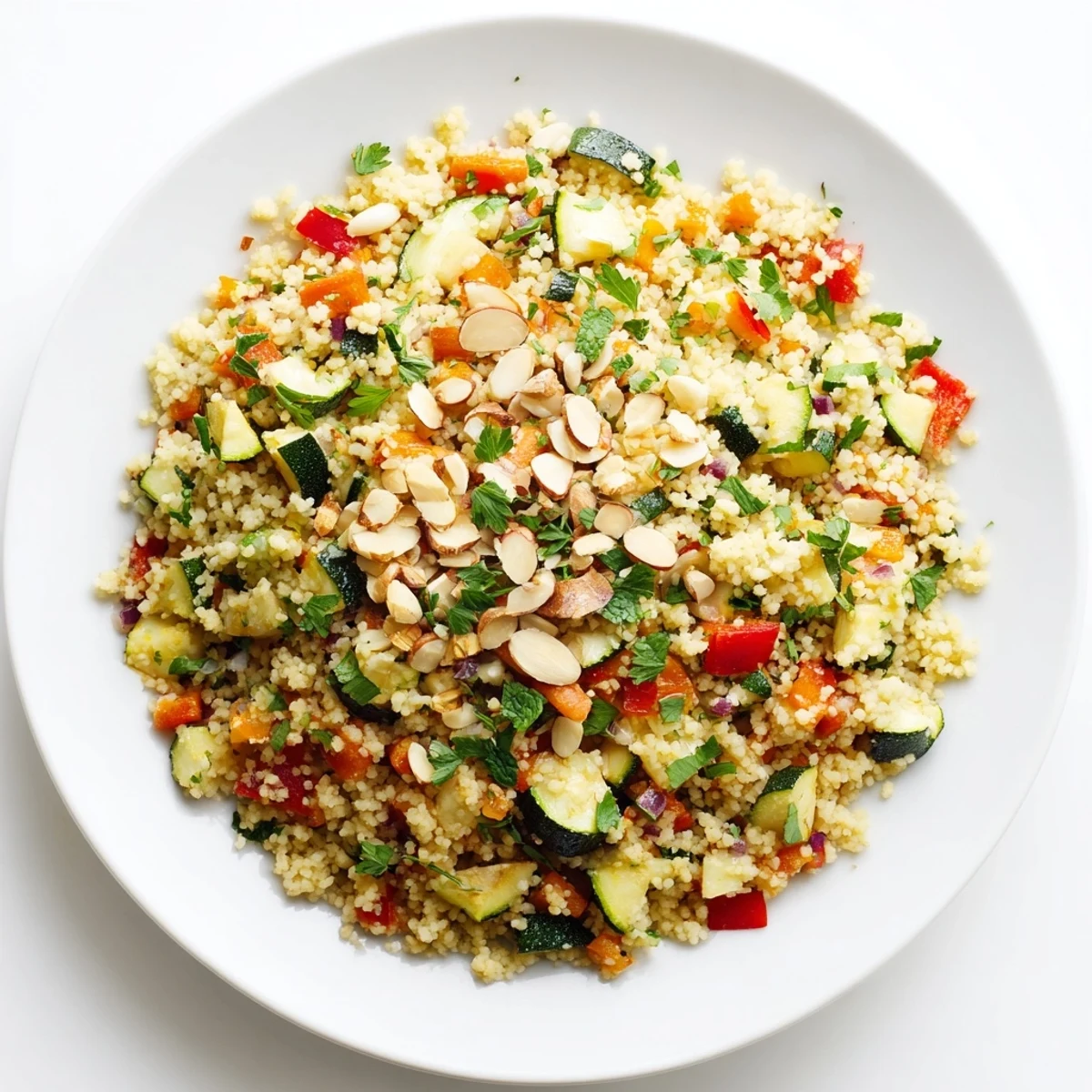 Fluffy Moroccan couscous salad with colorful roasted vegetables and fresh herbs, ready to serve.