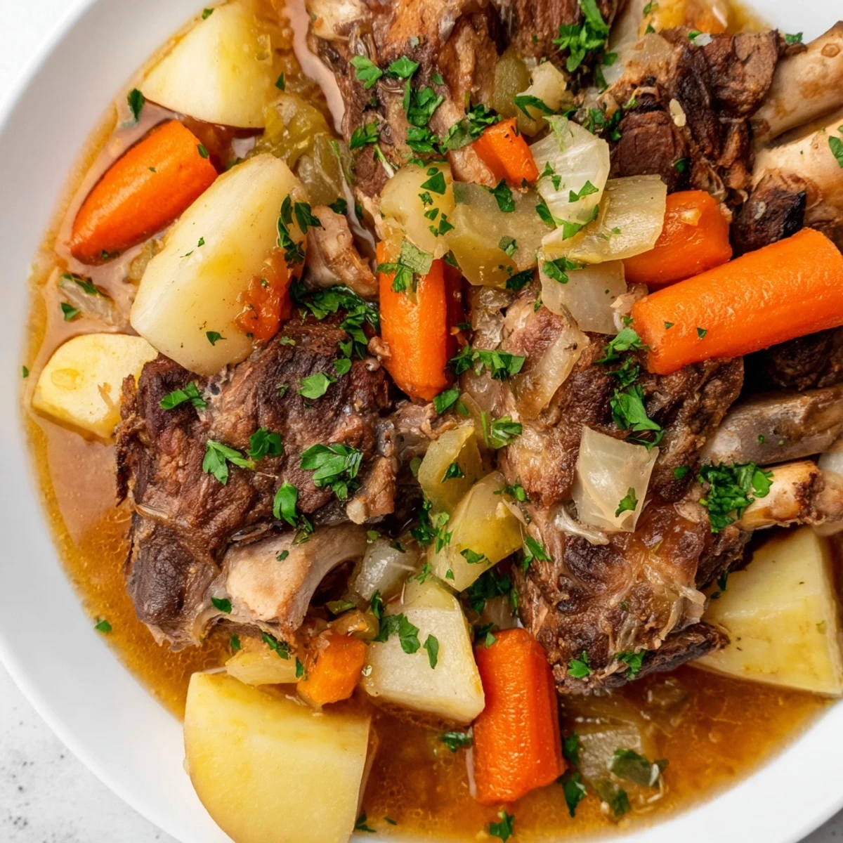 Hearty Welsh Cawl stew, brimming with tender lamb and root vegetables, perfect for a cozy dinner.