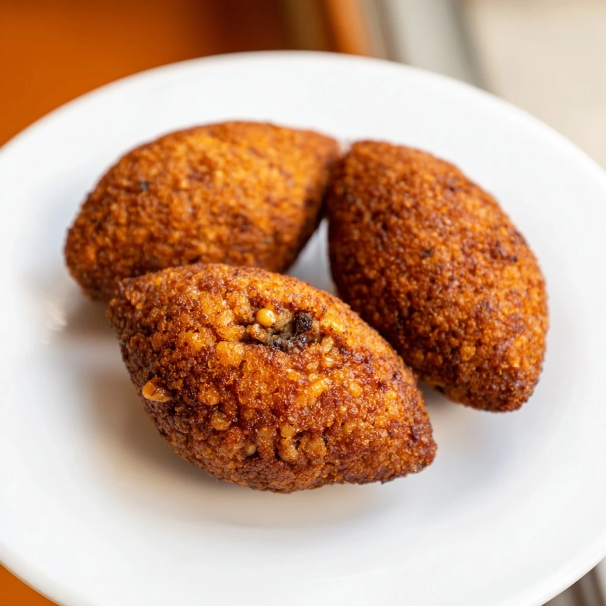 Golden-brown Lebanese Kibbeh, perfectly fried, offering a crispy exterior and savory, aromatic filling.