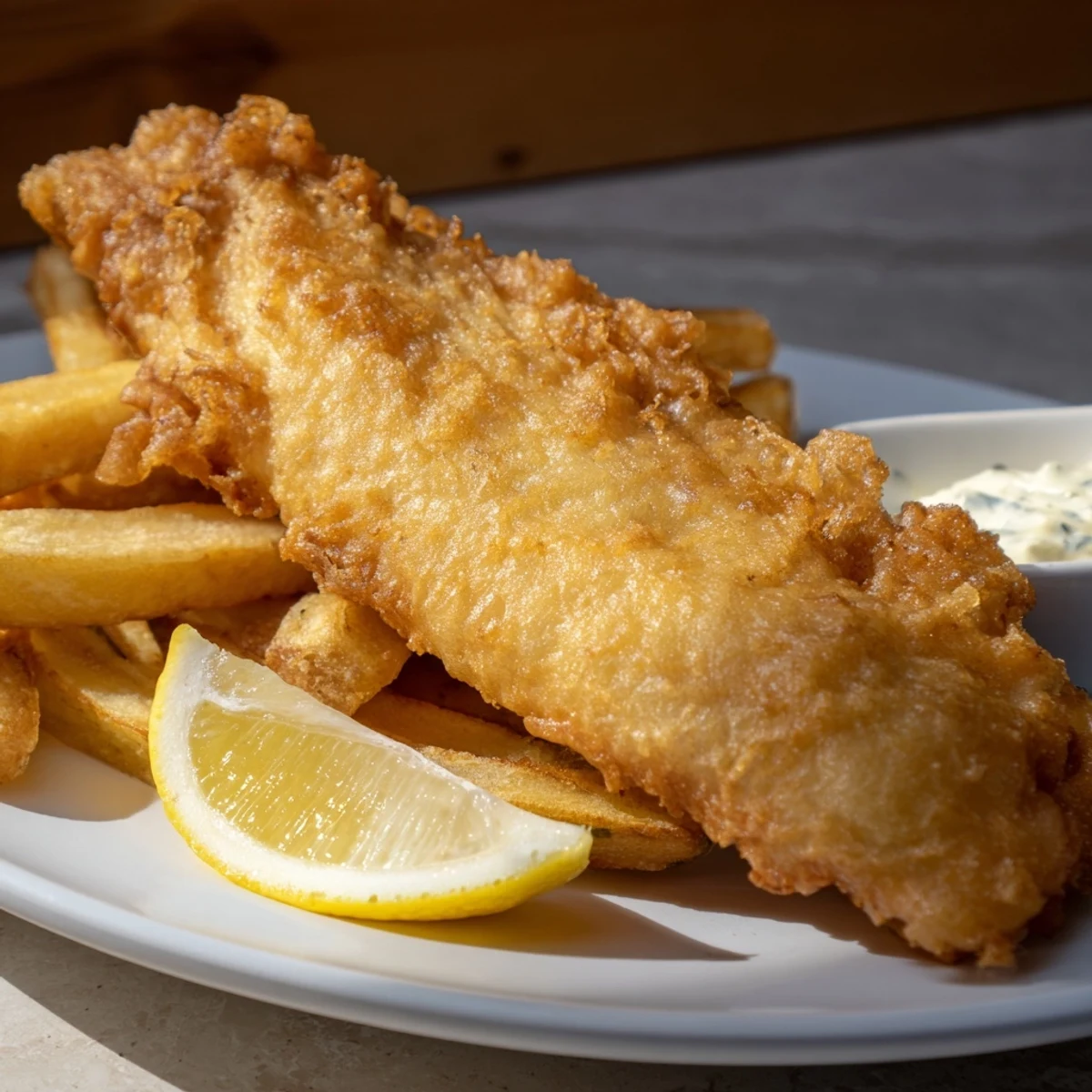 Golden and crispy British Fish & Chips, served hot with thick cut fries and malt vinegar.