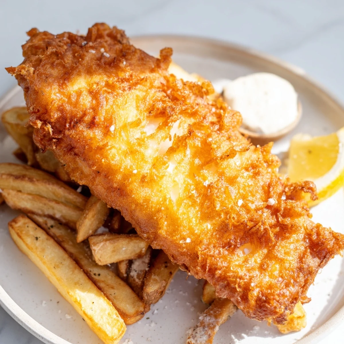 Picture perfectly fried British Fish & Chips, showing flaky fish and generously salted, chunky chips.