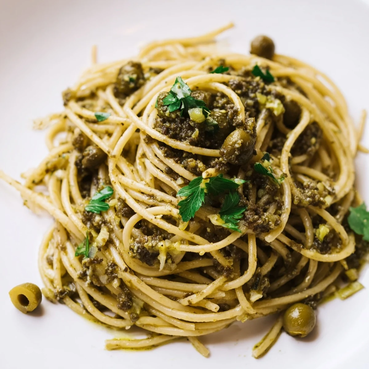 Close-up of Olive Tapenade Pasta garnished with parsley and lemon zest, highlighting the al dente texture and savory, Mediterranean-inspired flavors.  